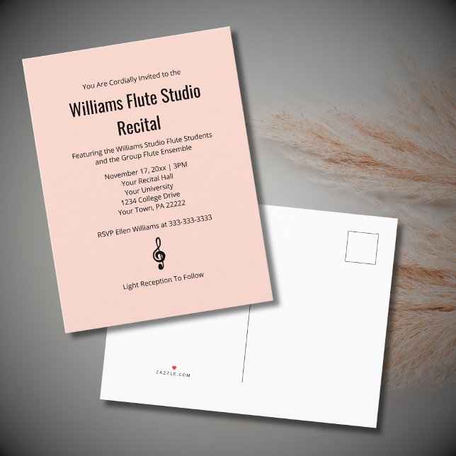Postal De Invitación Simple Treble Clef Flute Pink Music Recital (Subido por el creador)