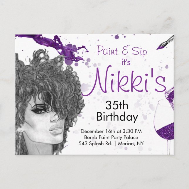 Postal De Invitación Sip & Paint Birthday Invite (Anverso)