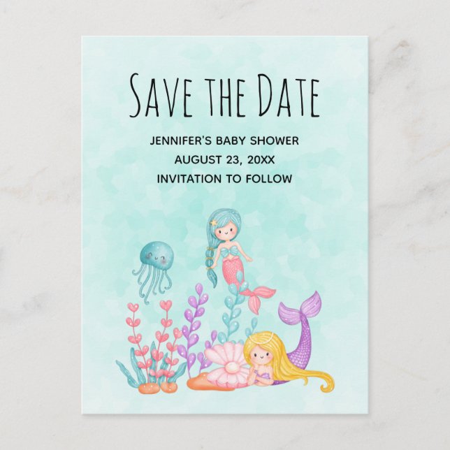 Postal De Invitación Sirena bajo la acuarela marina salva la fecha (Anverso)