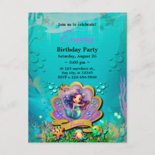Postal De Invitación Sirena, Concha de Mar, Amigos Animales Marinos, Ar