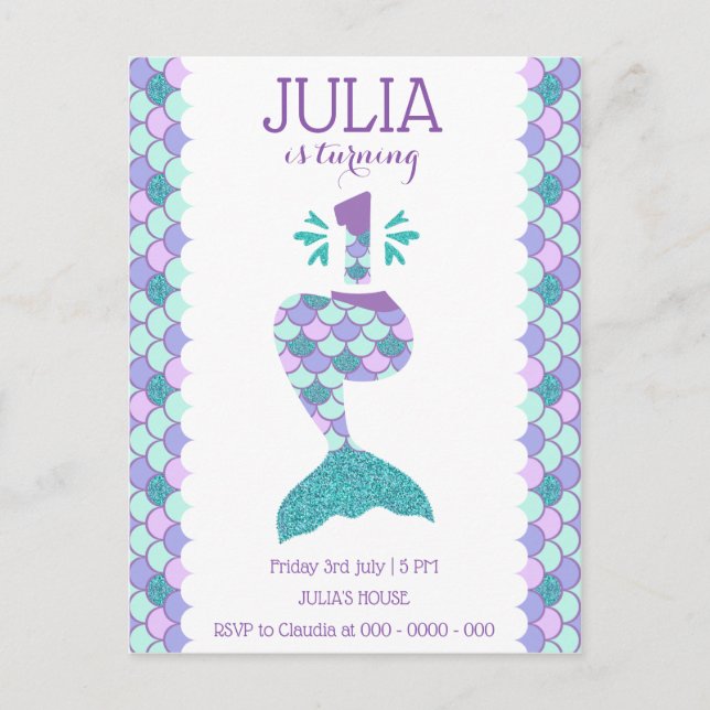 Postal De Invitación Sirena de cumpleaños número 1 (Anverso)