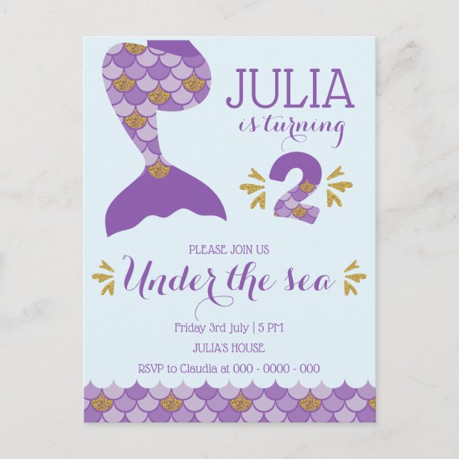 Postal De Invitación Sirena de cumpleaños número 2 (Anverso)