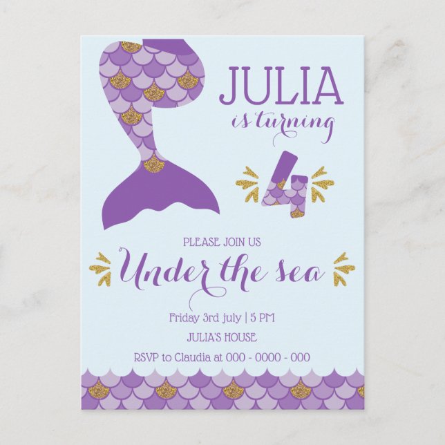 Postal De Invitación Sirena de cumpleaños número 4 (Anverso)