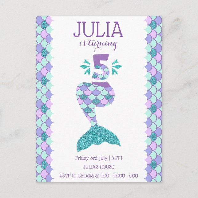 Postal De Invitación Sirena de cumpleaños número 5 (Anverso)