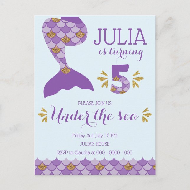 Postal De Invitación Sirena de cumpleaños número 5 (Anverso)