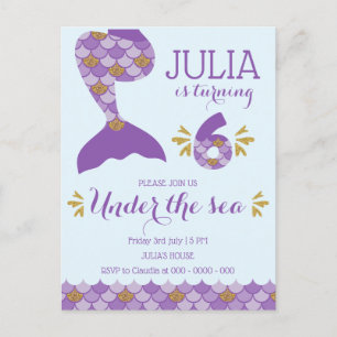 Postal De Invitación Sirena de cumpleaños número 6