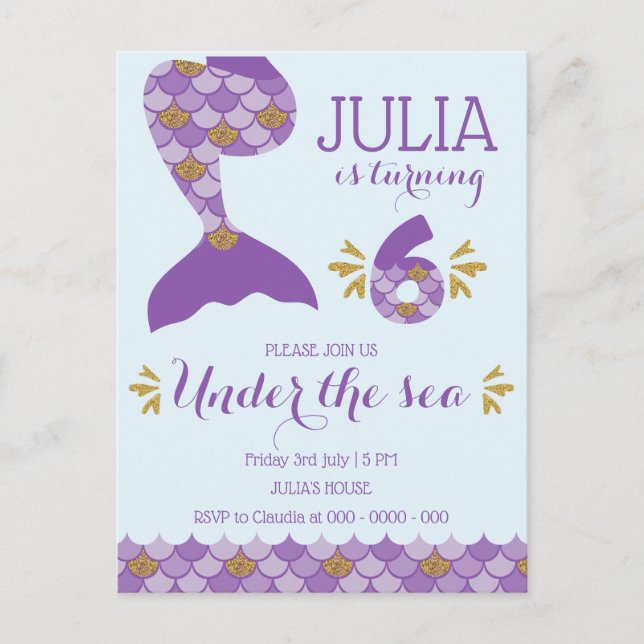 Postal De Invitación Sirena de cumpleaños número 6 (Anverso)