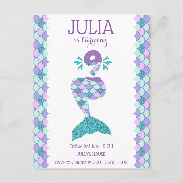 Postal De Invitación Sirena de cumpleaños número 9 (Anverso)