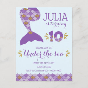 Postal De Invitación Sirena de cumpleaños número de sirena 10