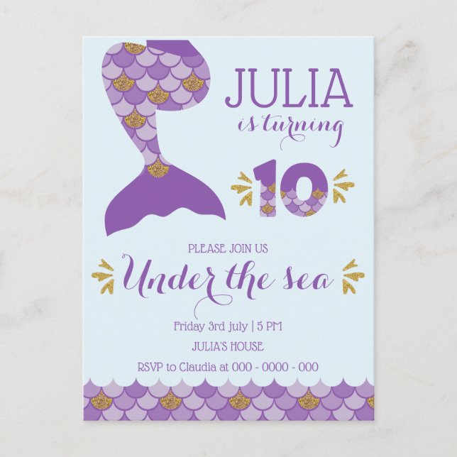 Postal De Invitación Sirena de cumpleaños número de sirena 10 (Anverso)