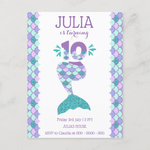 Postal De Invitación Sirena de cumpleaños número de sirena 10