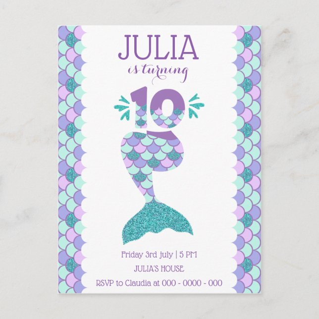 Postal De Invitación Sirena de cumpleaños número de sirena 10 (Anverso)