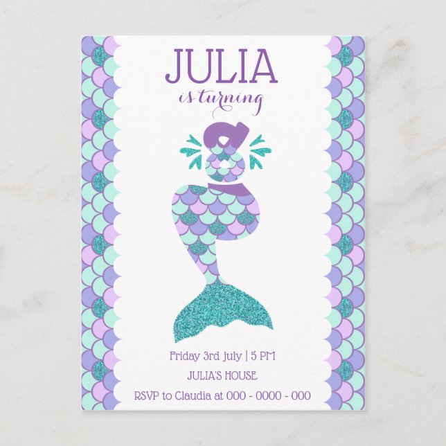 Postal De Invitación Sirena de cumpleaños número de sirena 8 (Anverso)