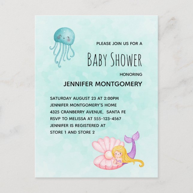 Postal De Invitación Sirena suave bajo la acuarela del mar (Anverso)