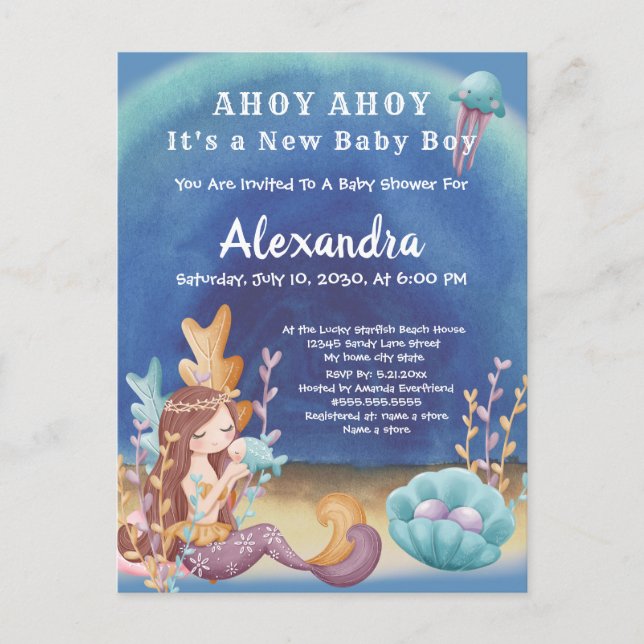 Postal De Invitación Sirenita Boho, Under Sea Boy Baby Shower (Anverso)