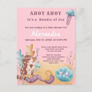 Postal De Invitación Sirenita de boho rosado, Baby Shower Chica bajo el