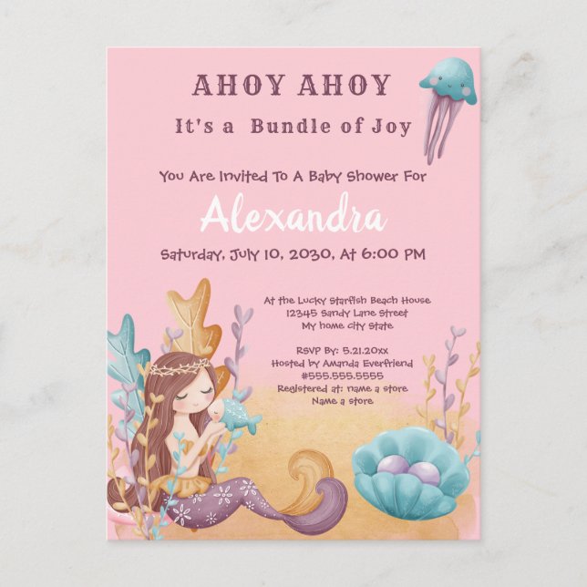 Postal De Invitación Sirenita de boho rosado, Baby Shower Chica bajo el (Anverso)