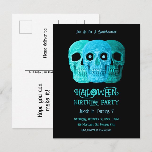Postal De Invitación Skull Funny Gótico Azul Verde azulado Halloween Cu (Anverso / Reverso)