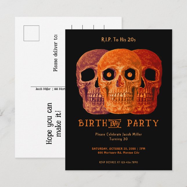 Postal De Invitación Skull Funny Naranja Gothic Birthday Descansa en pa (Anverso / Reverso)
