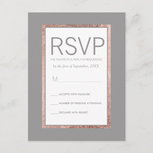 Postal De Invitación Slate Gray RSVP simple de marco dorado Rosa (Anverso)