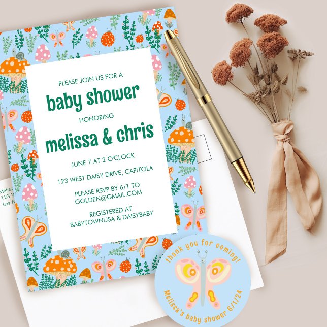 Postal De Invitación Snack Mushroom Mariposa Cute PERSONALIZADO BABY SH (Snail Mushroom Butterfly Cute CUSTOM BABY SHOWER Invitation Postcard
)