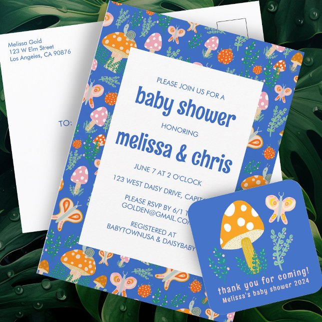 Postal De Invitación Snack Mushroom Mariposa Cute PERSONALIZADO BABY SH (Snail Mushroom Butterfly Cute CUSTOM BABY SHOWER Invitation Postcard
)