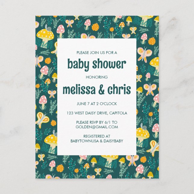 Postal De Invitación Snack Mushroom Mariposa Cute PERSONALIZADO BABY SH (Anverso)