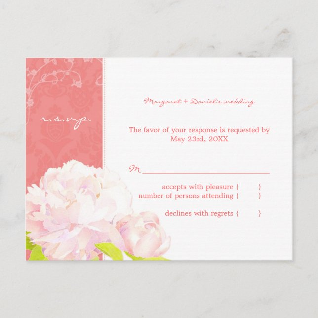 Postal De Invitación Soft Pink Peony Wedding RSVP (Anverso)