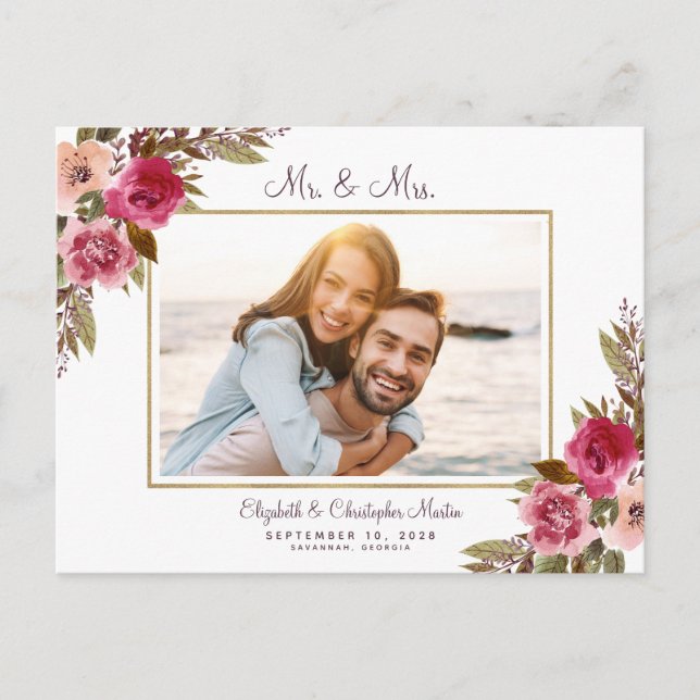 Postal De Invitación Solo Elopement casado foto morado floral elegante (Anverso)