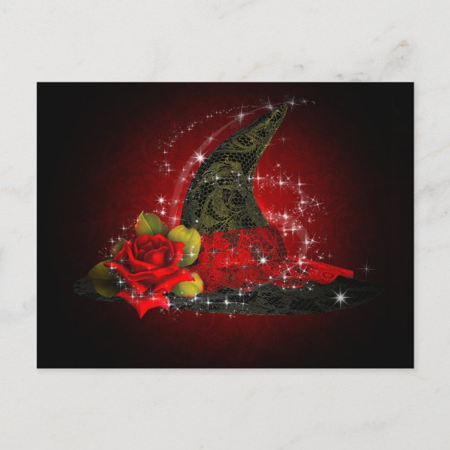 Postal De Invitación Sombrero de bruja glamuroso de encaje negro y rojo (Anverso)