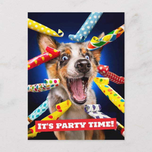 Postal De Invitación Sopladores de Fiesta de Perro Feliz (Anverso)