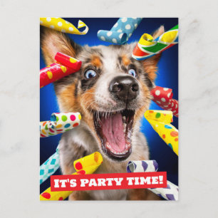 Postal De Invitación Sopladores de Fiesta de Perro Feliz