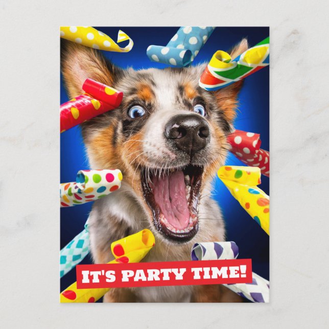 Postal De Invitación Sopladores de Fiesta de Perro Feliz (Anverso)