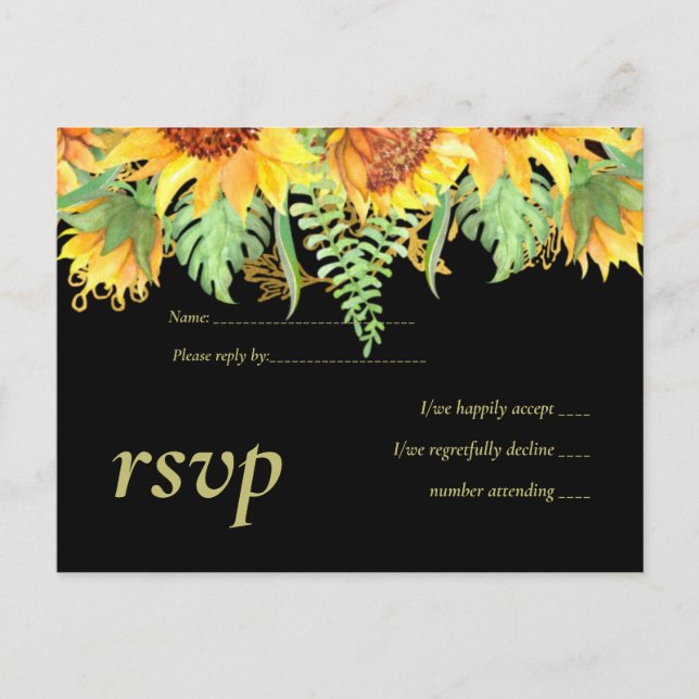 Postal De Invitación Sorprendente negro con presupuesto Boda de girasol (Anverso)