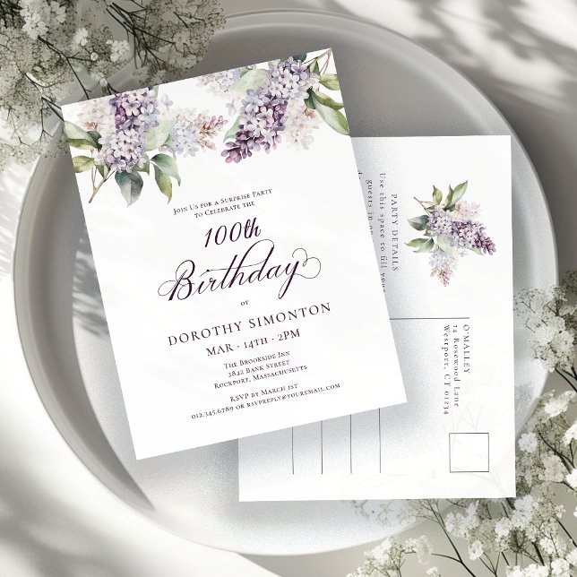 Postal De Invitación SORPRESA FIESTA 100 cumpleaños Morado Lilac Floral (Subido por el creador)
