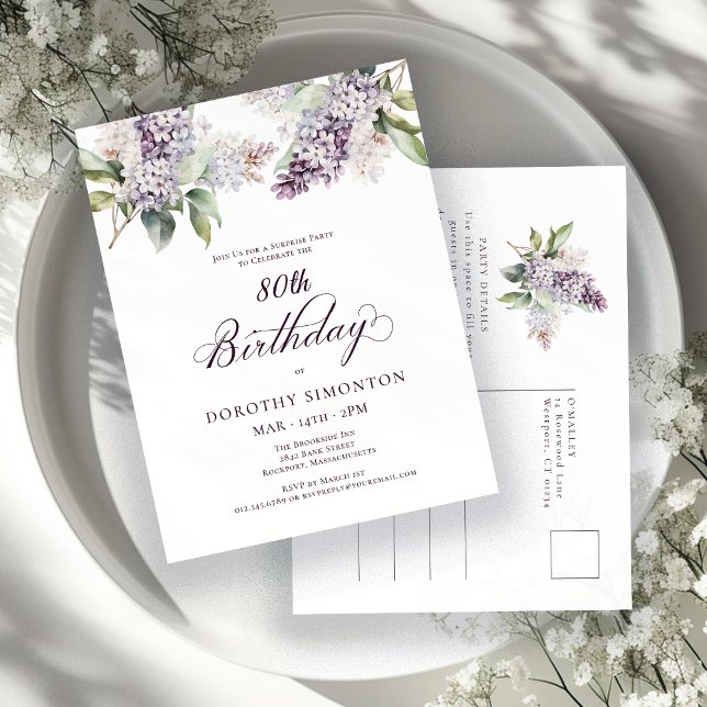 Postal De Invitación SORPRESA FIESTA 80 cumpleaños Morado Lilac Floral (Subido por el creador)