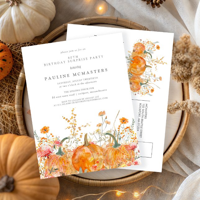 Postal De Invitación SORPRESA FIESTA 80th Birthday Pumpkin Wildflower (Subido por el creador)