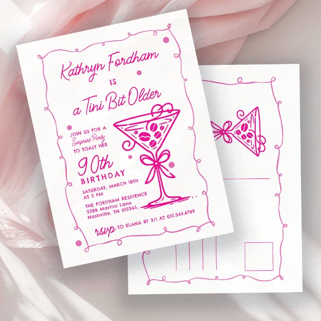 Postal De Invitación SORPRESA FIESTA 90 cumpleaños Doodle Rosa Martini (Subido por el creador)