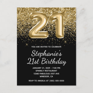 Postal De Invitación Sparkly Gold Purpurina Balón negro 21 cumpleaños