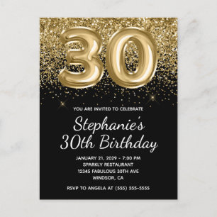 Postal De Invitación Sparkly Gold Purpurina Balón negro 30 cumpleaños