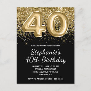 Postal De Invitación Sparkly Gold Purpurina Balón negro 40 cumpleaños