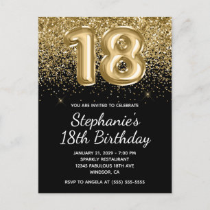 Postal De Invitación Sparkly Gold Purpurina Black Balloon 18 cumpleaños
