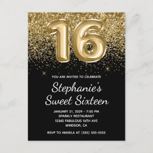 Postal De Invitación Sparkly Gold Purpurina Black Balloon Sweteen