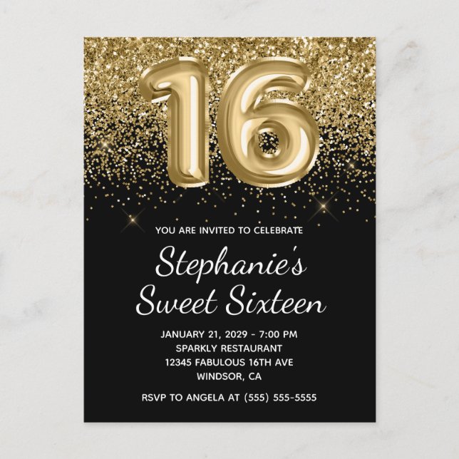Postal De Invitación Sparkly Gold Purpurina Black Balloon Sweteen (Anverso)