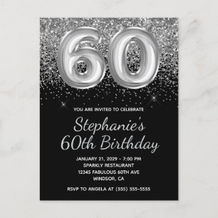 Postal De Invitación Sparkly Silver Purpurina Balón negro 60 cumpleaños