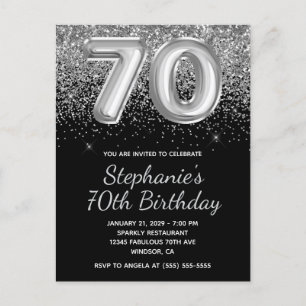 Postal De Invitación Sparkly Silver Purpurina Balón negro 70 cumpleaños