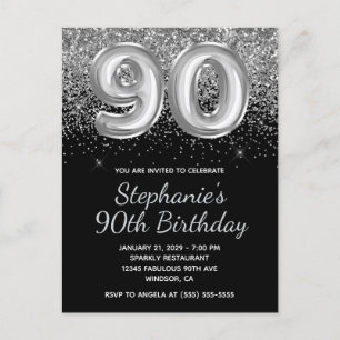 Postal De Invitación Sparkly Silver Purpurina Balón negro 90 cumpleaños