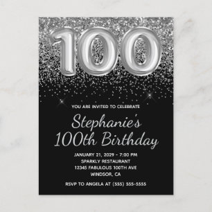 Postal De Invitación Sparkly Silver Purpurina Black 100 cumpleaños
