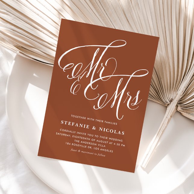 Postal De Invitación Sr. y Sra. Rustic Calligraphy Terracotta Boda (Mr and Mrs Rustic Calligraphy Terracotta Wedding Invitation Postcard)