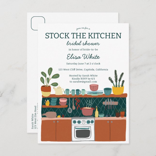 Postal De Invitación STOCK THE KITCHEN Bridal Shower Cute CUSTOM (Anverso / Reverso)